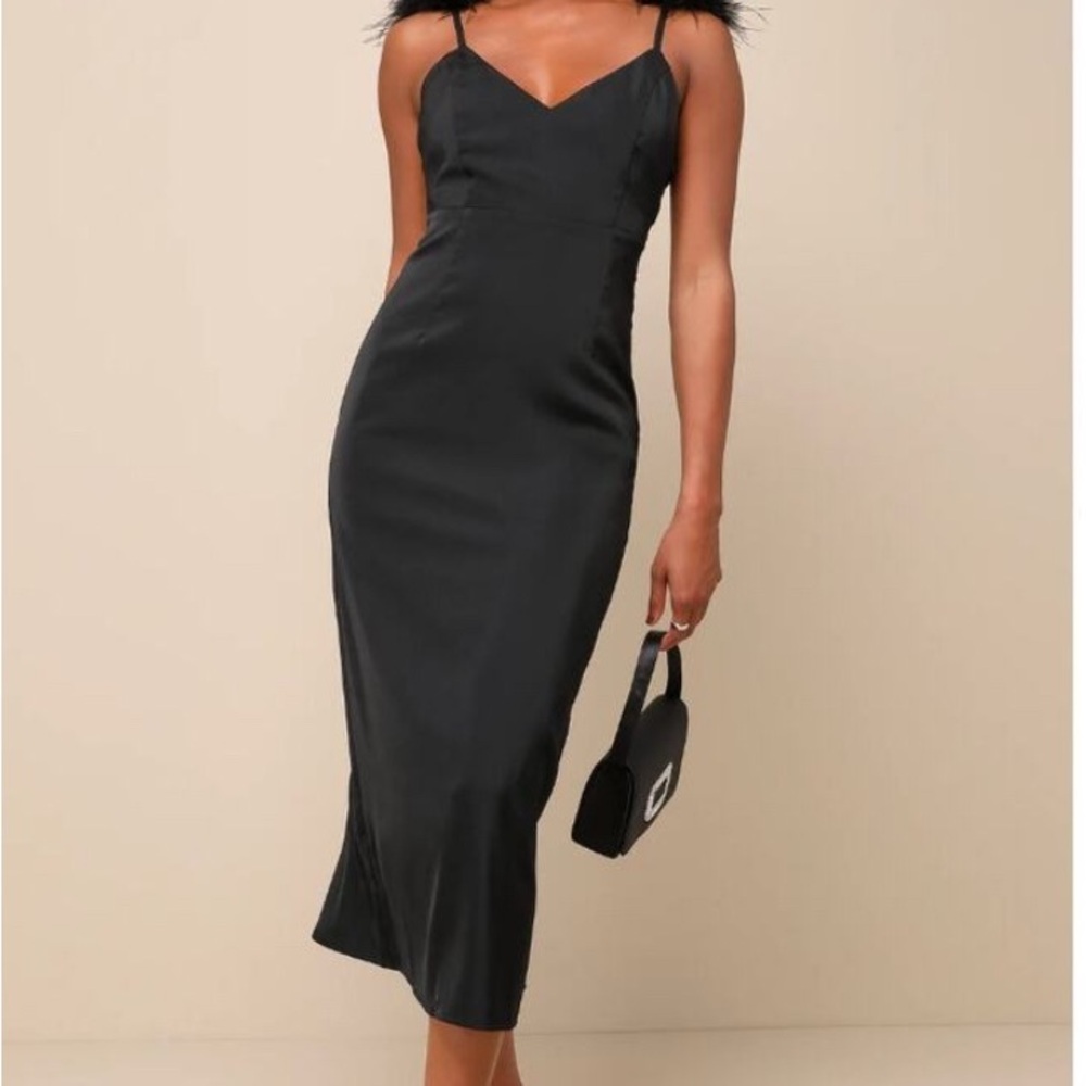 Lulu's Exquisite Feather Black Satin Midi Dress
